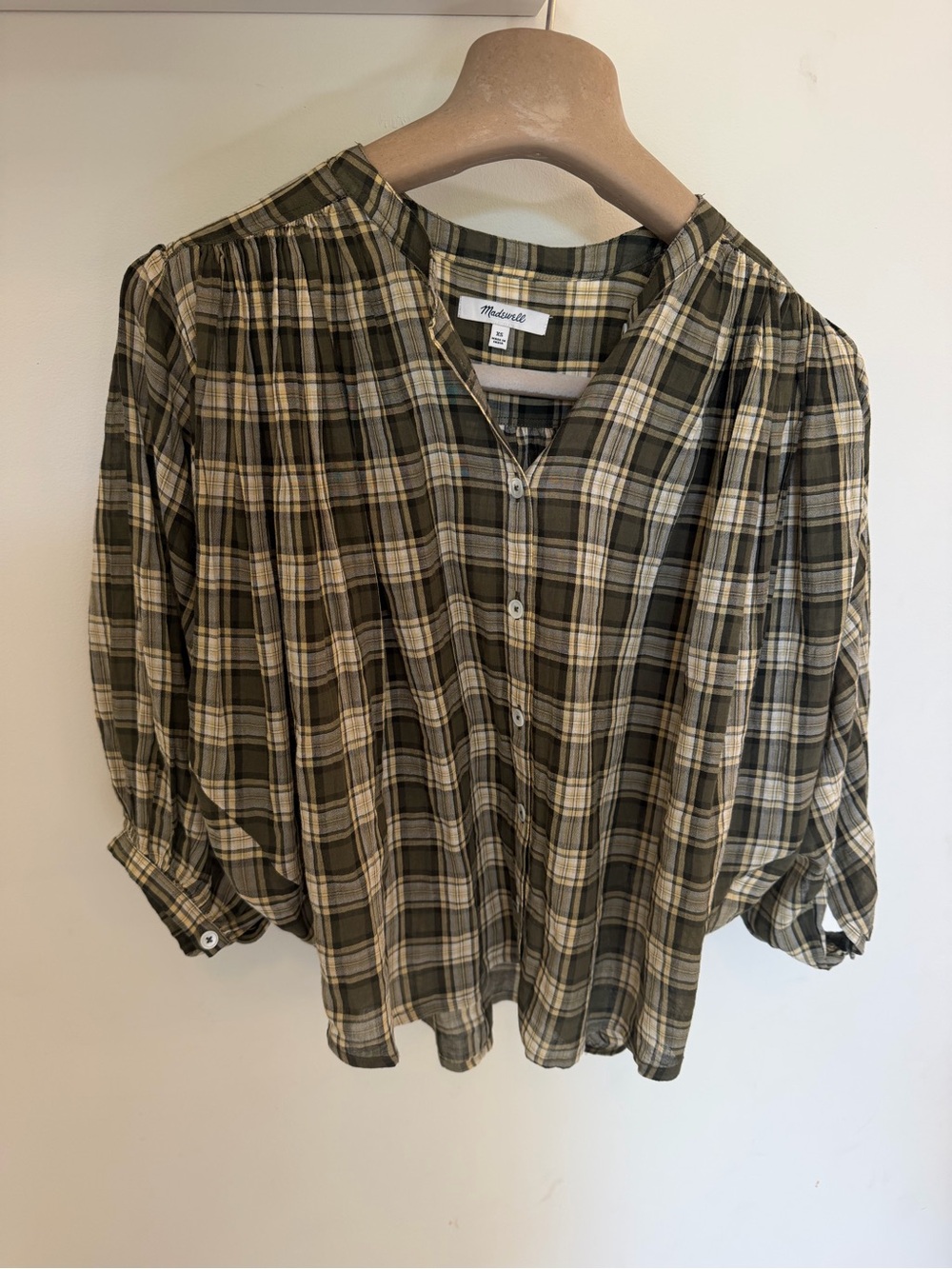 Madewell Plaid Puff Sleeve Button Front Blouse XS Olive Brown Cream